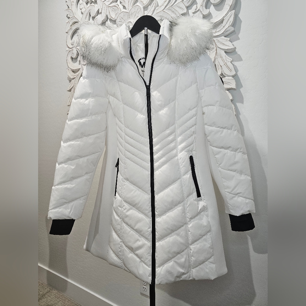 Michael Kors White Puffer Jacket Detachable Hood W/Fur Trim Women's Sz Large NWT - Picture 1 of 13